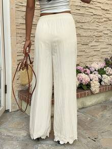 SHEIN Frenchy 女士纯色弹力腰直筒宽松休闲裤 - 杏色 - 查看 2