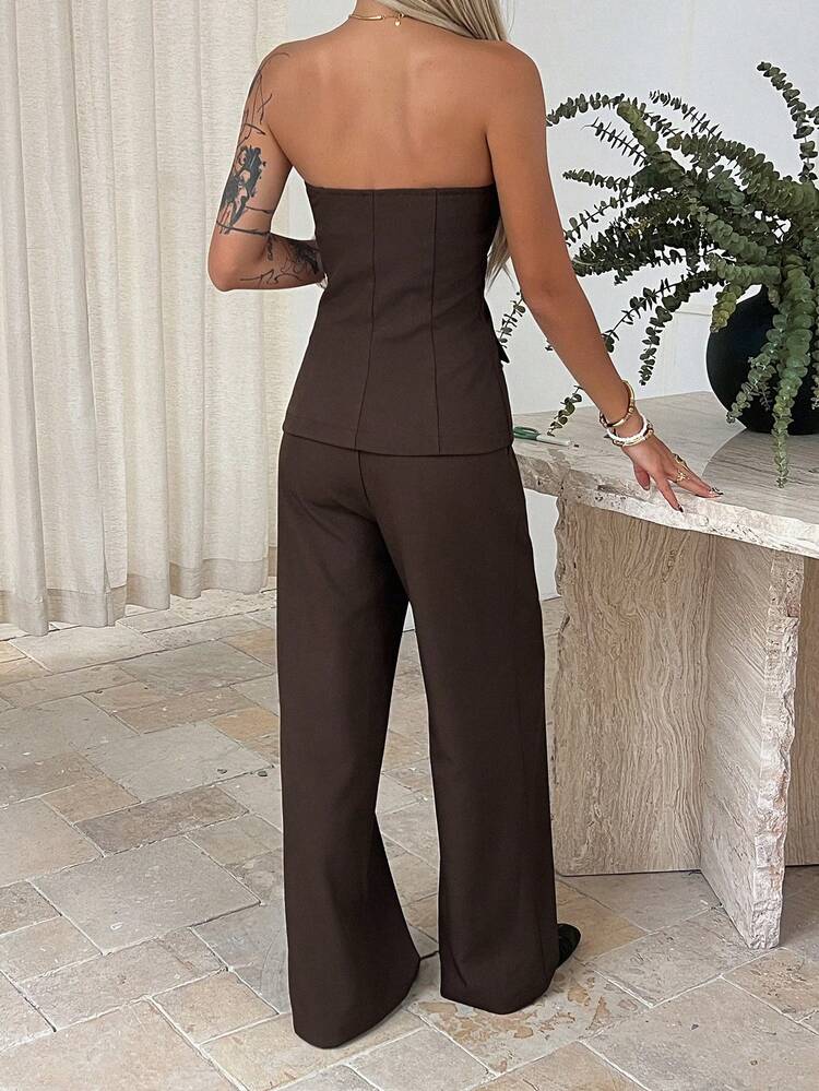 Women's Elegant Brown Strapless V-Neck Top And Casual Pants 2 Pieces Set, Suitable For Formal Parties And Events