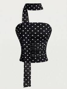 SHEIN Top de camisola corto de punto con estampado de leopardo y bufanda desmontable para adolescentes, primavera/verano - Blanco y Negro - Ver 4