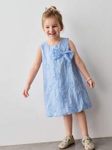 Maija Kids Young Girl Blue Embroidered Bow Decor Round Neck Sleeveless Casual Dress,Kids - Blue - View 3