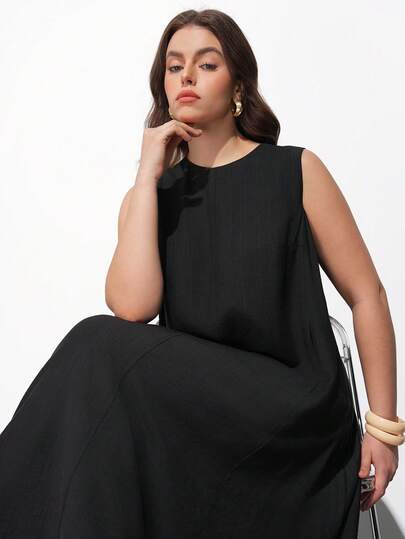 Maija Plus Size Casual Solid Color Round Neck Sleeveless Dress  St Patrick's Day Women Easter Summer Outfits Easter Dress Women Party Top Beach Dress Summer Holiday Outfits Each Vacation Outfits For Women  Summer Outfit For Women Going Out Outfits Graduation Graduation Outfit  Casual Dresses  Casual Blouses For Women