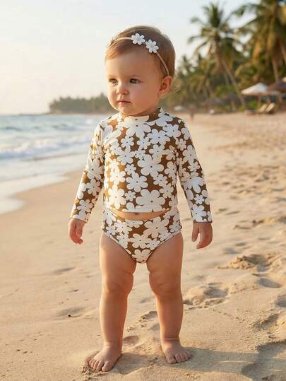 Baby Girls Floral Print Long Sleeve Swimsuit Set, Casual Fitted, Suitable For Swimming And Vacation Long Sleeve Swimsuit Toddler Toddler Rash Guard Swimsuit Floral Baby Clothes Floral Print Bathing Suit Toddler Flower Two Piece Set Toddler Long Sleeve Swimsuit Baby Flower Print Bathing Suit Toddler Baby Beach Wear