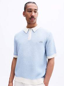 SUMWON Relaxed Quarter Zip Textured Knit Polo Short Sleeve Collared Spring Summer Casual Everyday - Blue - View 6
