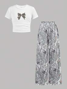 Tween Girls Bestselling Leaf Print 2 Pieces Knit Set, Casual, Fashionable, Versatile, Suitable For Outings, Sister Photo Shoots, Park Trips, Camping, Vacations, Daily Casual Wear - Multicolor - View 11