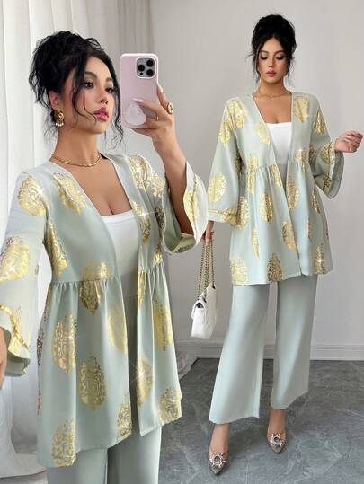 Al Najma 2pcs Women Elegant Floral Print Front Open Jacket And Pants Set, Autumn