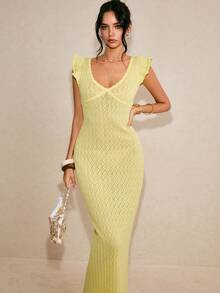 Poéselle New Slim-Fit Delicate French Style Knit Dress With Flutter Sleeves, Elegant & Intellectual, Light Yellow, Spring/Summer - Yellow - View 8