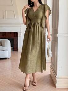 DAZY V-Neck Ruched Waist Flounce Sleeve Dress, Elegant Design, Slimming Effect Sundress - Khaki - View 6