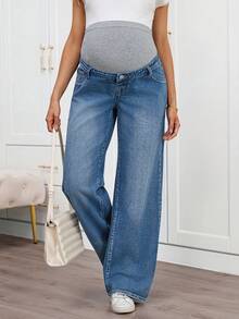 SHEIN 女士纯色简约日常孕妇牛仔裤，春夏嘉年华服装通勤度假毕业时尚Y2K可爱街头风派对婚礼优雅商务休闲女式孕妇阔腿牛仔裤，高腰弹力设计，舒适孕妇牛仔裤 - 藍色 - 查看 5