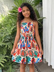 Tween Girl Tropical Plant Print Casual Jumpsuit - Multicolor - View 1