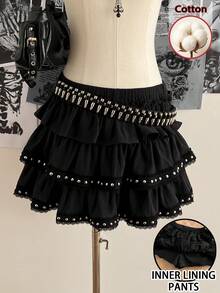 Attitoon Saia de Bolo Feminina com Três Camadas, Decoração de Rebite de Renda Estilo Vintage Casual, Forro Adequado para Vintage, Sexy, Fofo, Y2K, Coconut Girl, Boho, Oeste, Boêmio, Hippie, Festival de Música, Punk Retrô, Shibuya Gyaru - Preto - Visão 8