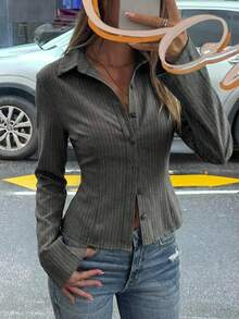 Women's Striped Shoulder Casual Button-Front Long Sleeve Shirt - Dark Green - View 1