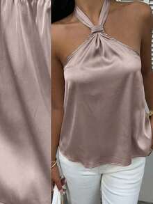 MainGRL Old Money Sleeveless Satin Camisole Top, Regular Hem, Solid Color Design, Cold Shoulder Top - Khaki - View 3