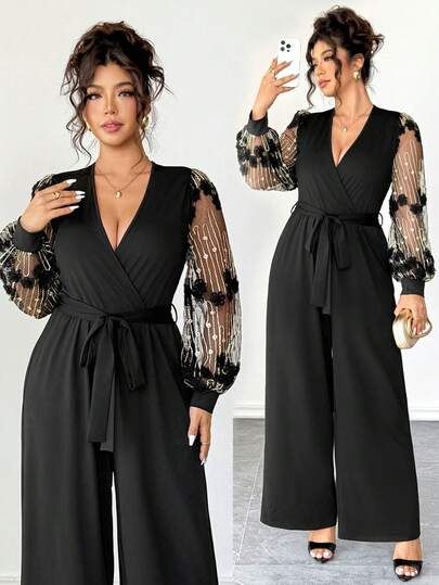 Elenzga Plus Size Women's Bestselling Solid Color Knit V-Neck Embroidered Mesh Puff Sleeve Elastic Waist Belt Bow Elegant Business, Date, Party, Afternoon Tea, Holiday, Christmas, Valentine's Day Ladies Spring Jumpsuit