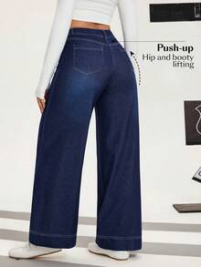 Flexra Women's Casual Daily Commute Versatile Patchwork Pocket Loose Wide-Leg Jeans - Medium Wash - View 2