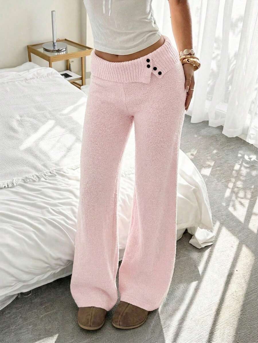 CovetEZ 女士纯色翻折腰阔腿宽松休闲针织裤 - 粉色 - 查看 1