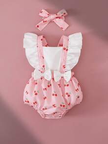 SHEIN Playful Pals Baby Girls' Cherry Print Romper - Pink - View 1