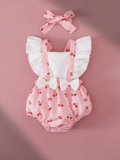 SHEIN Playful Pals Pelele con estampado de cerezas para bebé niña