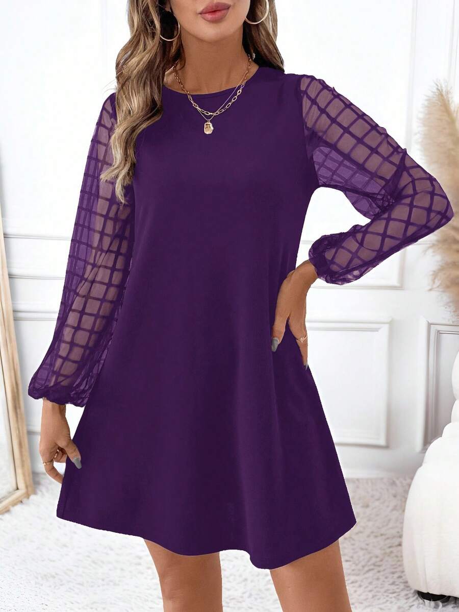 SHEIN Clasi 女士圆领网纱休闲派对迷你连衣裙 - 紫色 - 查看 1