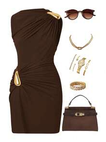 Ellevyn Vestido elegante y ajustado sin mangas con hebilla de metal y pliegues - Café integral - Ver 7