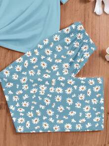 Boho Style Daisy Floral Print, Tween Girls Casual Minimalist Round Neck Short Sleeve T-Shirt And Loose Pants Pajama Set, Suitable For Summer - Multicolor - View 5