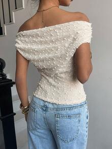 Valentine Women's Textured Off Shoulder Fitted Fashion T-Shirt Women Tops Elegant - Apricot - View 2