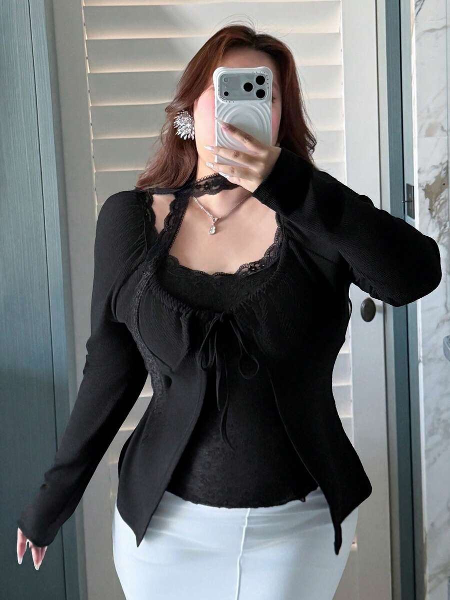 Dazy Plus Tricou negru cu mânecă lungă, model patchwork din dantelă, mărime plus - Gri - Vizualizare 1