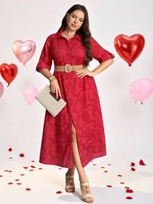 Comfylo Vestido casual versátil de talla grande con botones frontales y diseño hueco de unicolor - Rojo - View 7