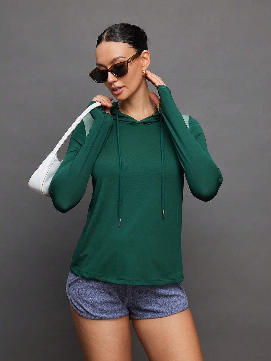 Activina Áo nỉ dài tay phối màu có mũ, kiểu dáng thể thao năng động, thích hợp cho tập luyện, dành cho nữ. Áo tập gym dài tay nữ, quần áo thể thao nữ màu xanh lá cây. - Màu xanh lá cây đậm - Xem 1