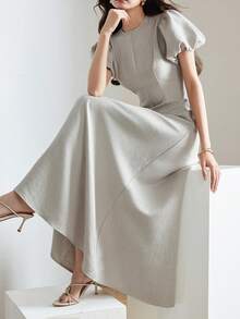 Heiryn Đầm dài đơn giản, thanh lịch, cổ tròn, tay cánh hoa dành cho nữ, màu trơn. - Màu Khaki - Xem 6