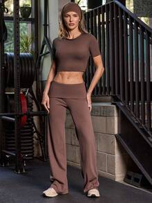 Activina Áo thun thể thao nữ tay ngắn đơn giản, trơn, xoắn lưng, áo tập gym - Màu Khaki - Xem 3