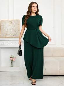 Bộ đồ 2 món cỡ lớn, thanh lịch, màu trơn, vạt áo bất đối xứng, thích hợp đi làm. - màu xanh lá - Xem 6