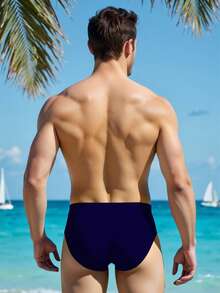 ZELFYO Men's Solid Color Simple Beach Swim Briefs, Summer, Holiday - Navy Blue - View 2