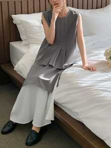 DAZY 少女休闲百褶无袖上衣和迷你裙套装，夏季 - 灰色 - 查看 1