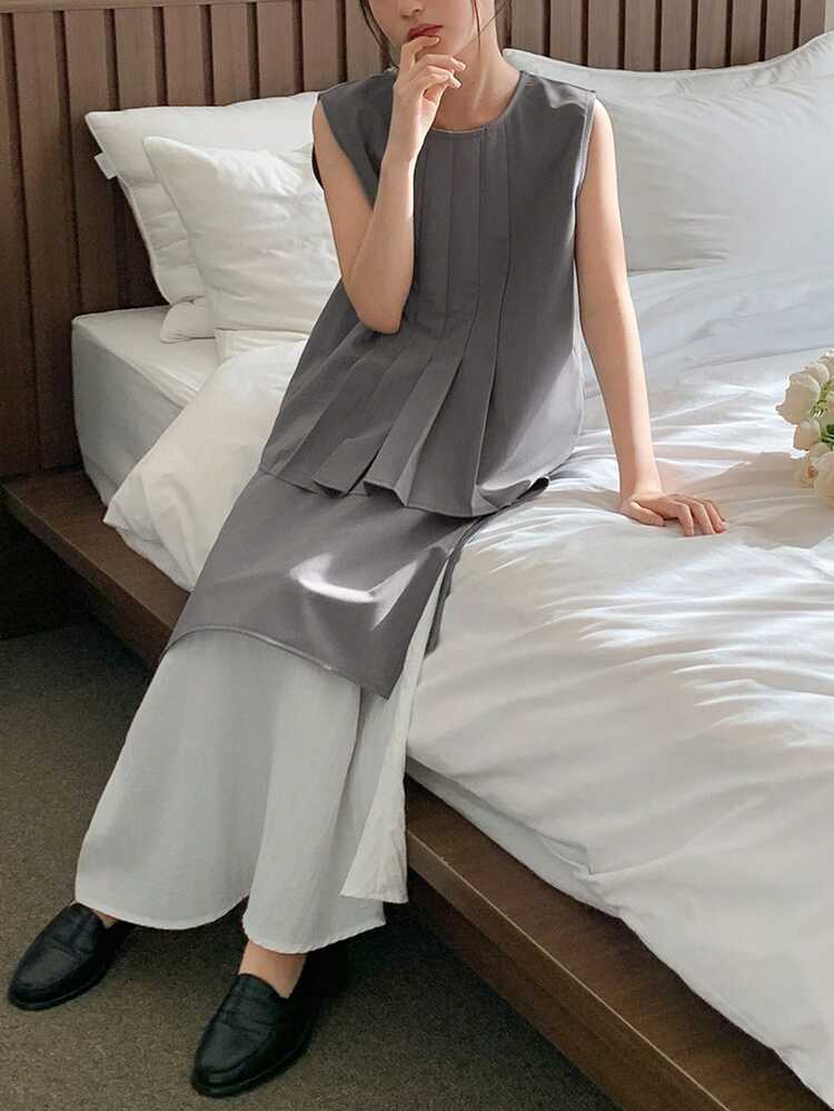 Tween Girls' Casual Pleated Sleeveless Top And Mini Skirt Set, Summer