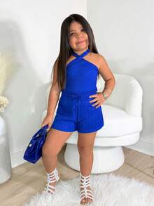 Young Girl Bright Blue Texture Halter Neck Tank Top And Shorts Set - Royal Blue - View 1