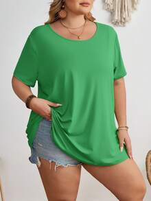 SHEIN CURVE+ Plus Size Casual Solid Color Round Neck Short Sleeve T-Shirt - Green - View 5