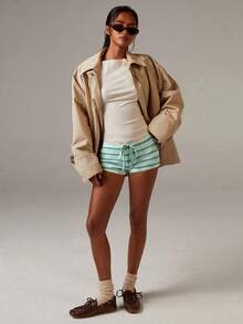 Athîral Women's Striped Drawstring Waist Casual Versatile Daily Wear Shorts - Green - View 5