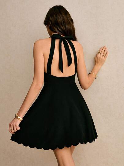 Poéselle Women's Solid Color Backless Sleeveless Elegant Summer Mini Dress,Romantic Elegant Black Backless Halter Tie Dress With Romantic Shell Edge Hem