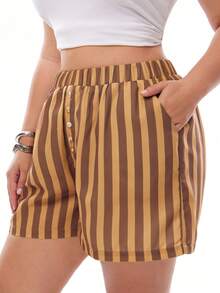 Solavibe Quần short nữ cỡ lớn, cạp chun, cài nút trang trí, dáng chữ A, họa tiết kẻ sọc, thích hợp cho mùa xuân/hè. - Nhiều màu - Xem 5