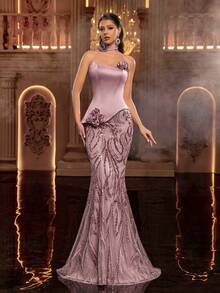 Glamrae 优雅奢华珍珠串珠刺绣网纱拼接弹力缎面褶皱美人鱼裙，适合婚礼、派对、度假、舞会、晚礼服（重工刺绣） - 粉色 - 查看 4