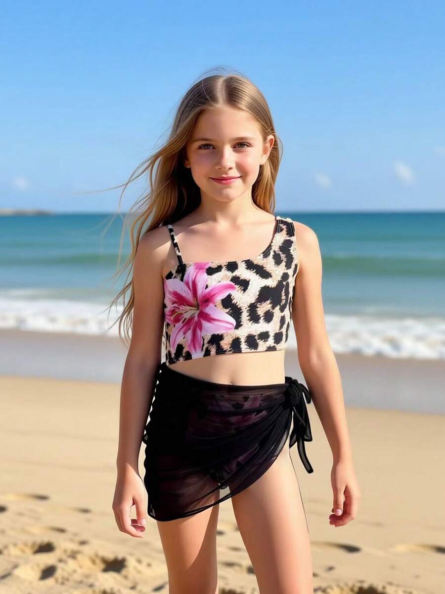 Leopard & Tropical Print Tween Girls' Cutout One-Piece Sleeveless Swimsuit, Summer Beach - Multicolor - View 1