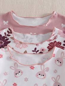 Baby Girls' Pink Floral Rabbit Bow Print Short Sleeve Top And Pants Set - Multicolor - View 5