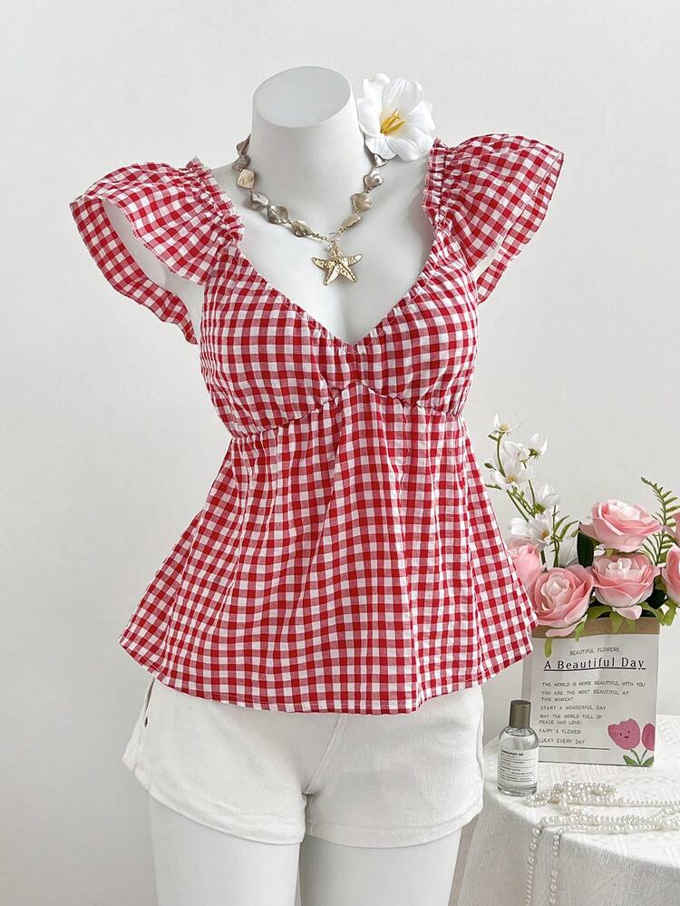 Elamini Áo kiểu nữ tay ngắn cổ chữ V, xếp ly eo, họa tiết kẻ caro xanh trắng, kiểu dáng thường ngày, áo sơ mi kẻ caro mùa hè, áo kiểu dễ thương cho nữ, áo kẻ caro đỏ, áo kiểu tay phồng cho nữ - Đỏ và trắng - Xem 7