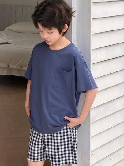 DAZY Tween Boy Solid Color Crew Neck Short Sleeve Pocket T-Shirt And Plaid Shorts Pajama Set