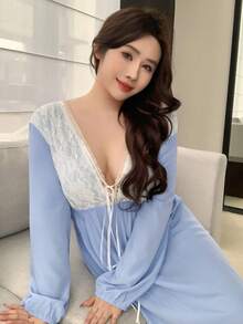 Dazy Plus Váy ngủ ren tương phản buộc dây phía trước - Màu xanh lam - Xem 6