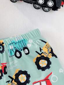 SHEIN Infant/Toddler Boys' Cute Cartoon Car Print Romper And Shorts Set, Spring/Summer - Green - View 7