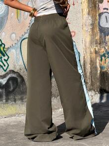 SHEIN EZwear Pantalones de pierna ancha con estampado de color contrastante tejido en verde oscuro, para salir, verano para mujeres - Multicolor - Ver 2