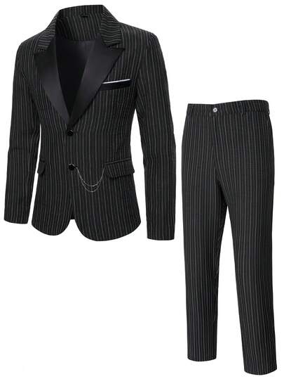 Manfinity Mode Men's Distressed Striped Long Sleeve Jacket And Pants Business Gentleman Suit Set,Men Old Money,Daily Leisure, Weekend Trips, Outdoor Activities, Travel Expeditions, Relaxed Work Environments Or Semi-Formal Occasions, Boyfriend/Husband Gift, Anniversary /Birthday Gift Party Summer Vacation Holiday,Wedding,Spring To Summer,Easter,Mens Elegant Black Pinstripe Suit With Shawl Lapel And Vest For Formal Occasions,Men Pinstripe Suit,Men Tuxedo Set,Mens Black Suit
