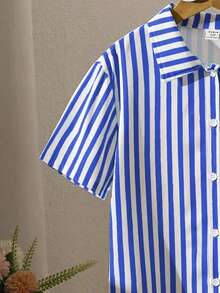 SHEIN Tween Girls' Casual Striped Shirt & Pants T-Shirt Set, Suitable For Vacation, Outing, School, Style - Blue - View 8