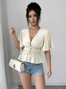 Elenzga Elegant,Effortless Chic Cream White Women's Blouse,Deep V-Neck Ruffled Sleeves Front Knotted Hem Casual Summer Top For Vacation - Apricot - View 5